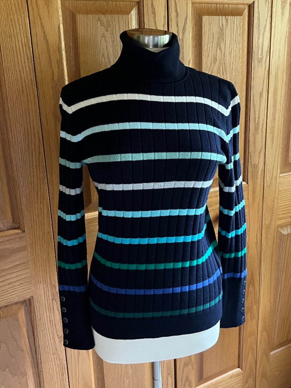TALBOTS -- Button-Cuff Stripe Turtleneck Sweater-Indigo Blue -- Excellent Shape
